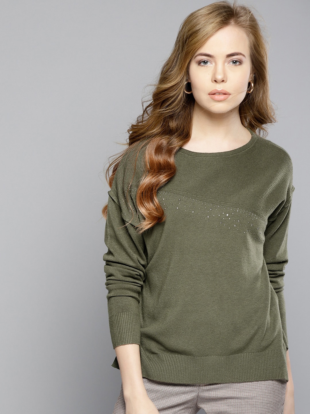 

Carlton London Pullover Ribbed Embellished Detail Sweater, Olive