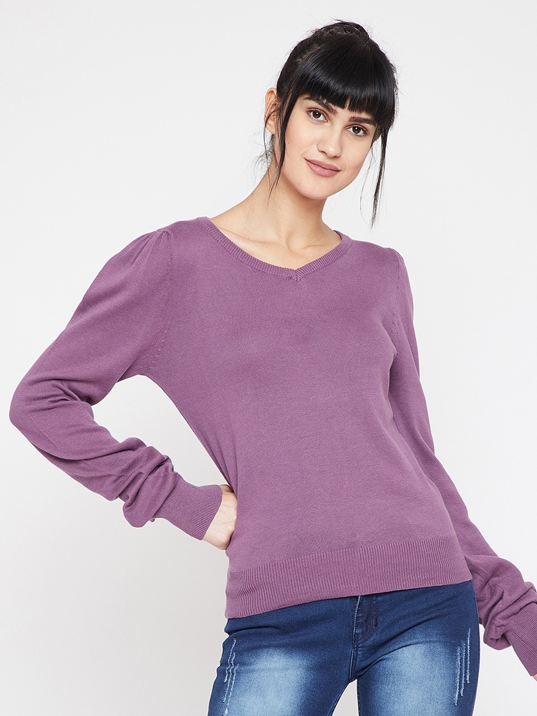 

Carlton London Cotton V-Neck Pullover Ribbed Sweater, Purple