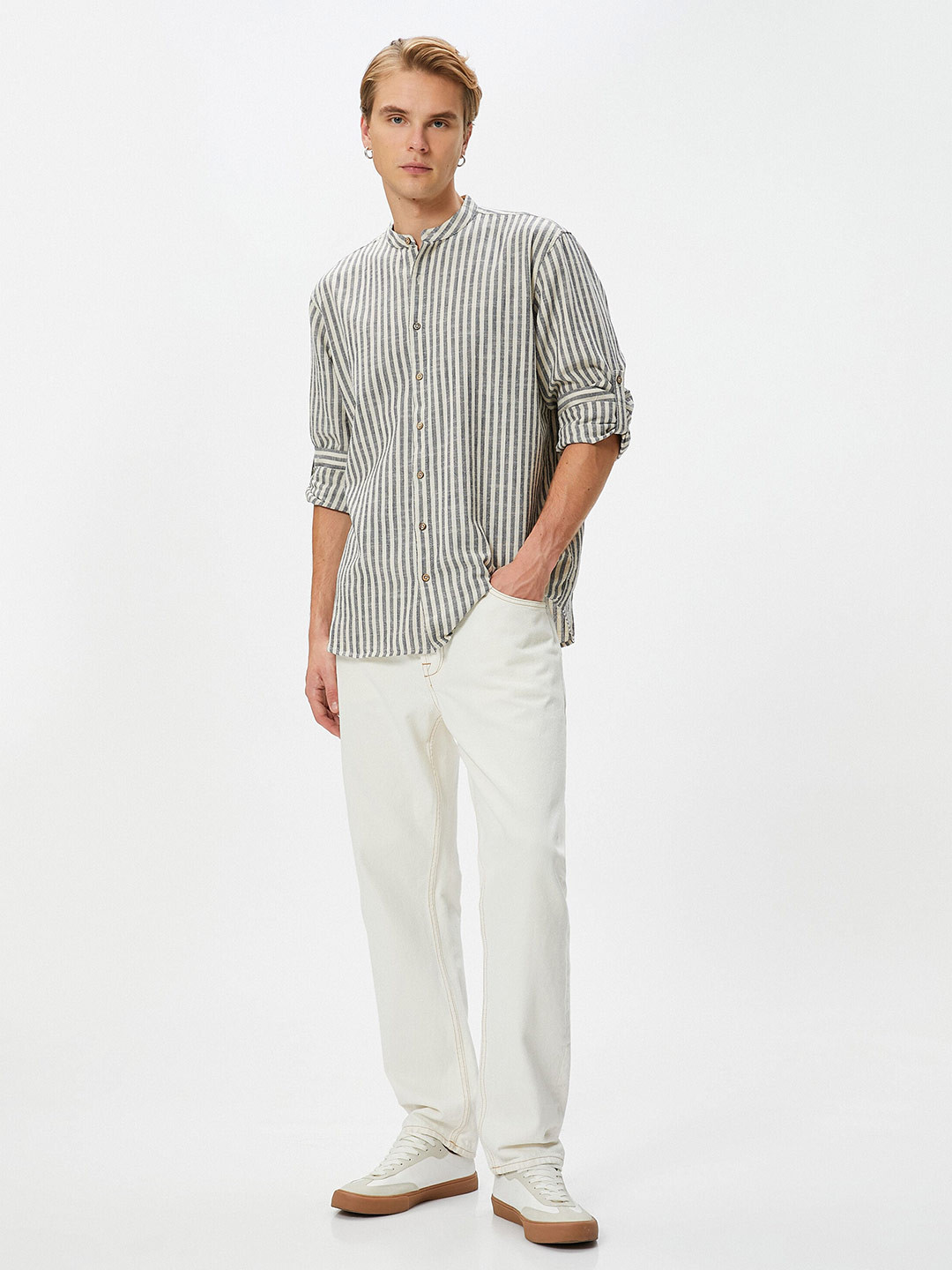 

Koton Vertical Striped Mandarin Collar Roll-Up Sleeves Pure Cotton Casual Shirt, Grey