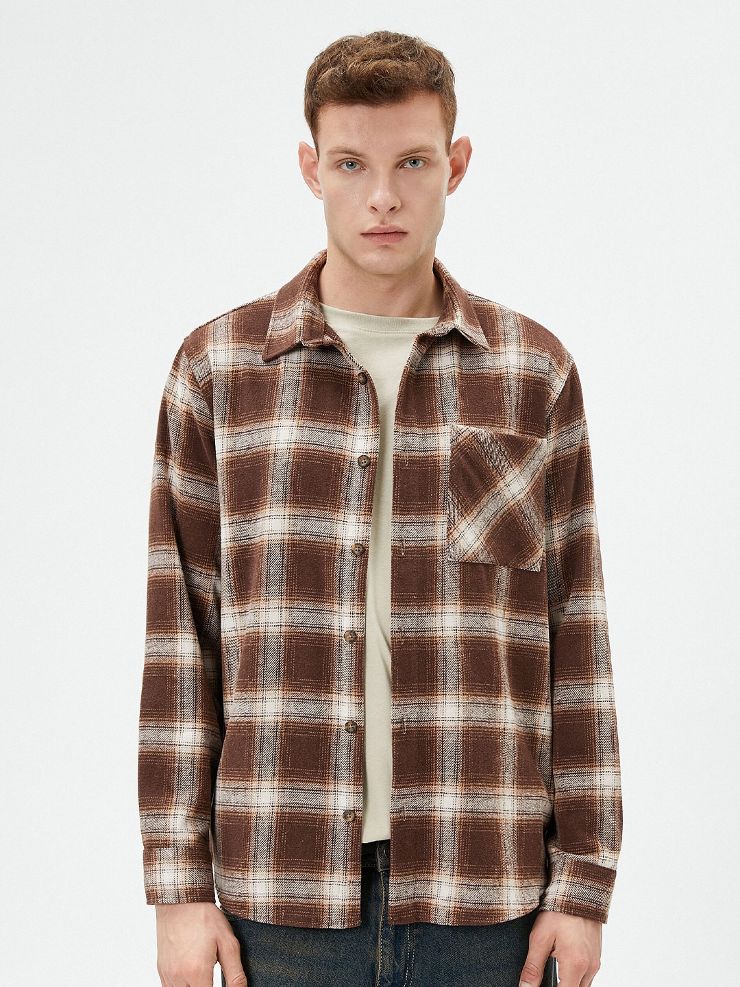 

Koton Checked Spread Collar Casual Shirt, Brown