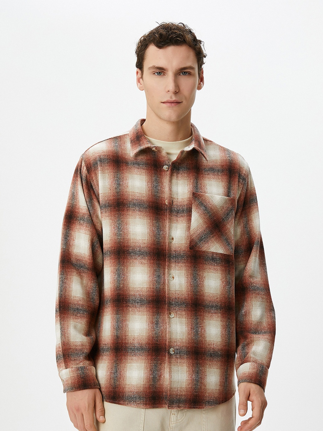 

Koton Tartan Checks Spread Collar Long Sleeves Shacket, Orange