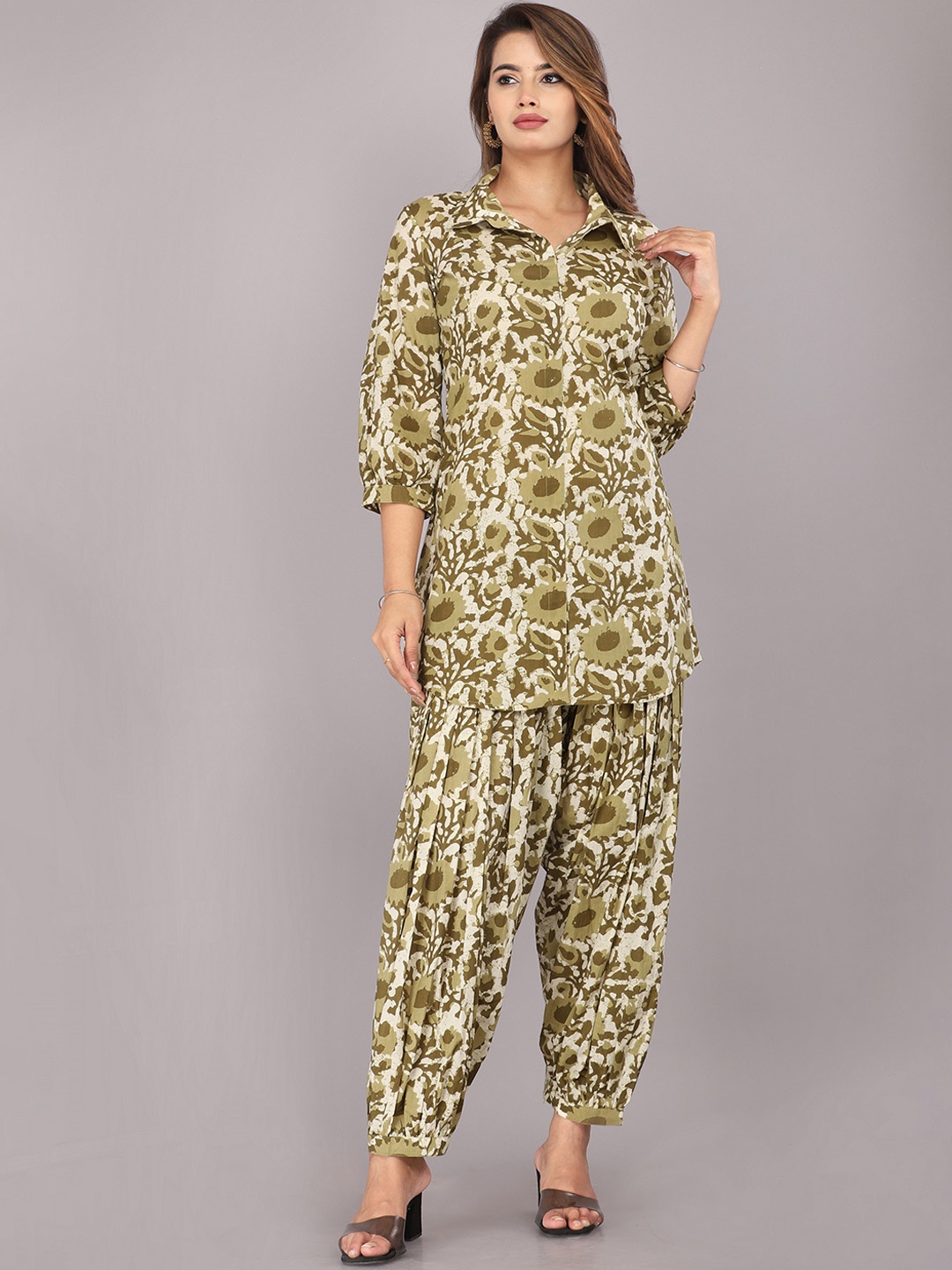 

KANNAHI Floral Printed Pure Cotton Straight Tunic With Trousers, Olive