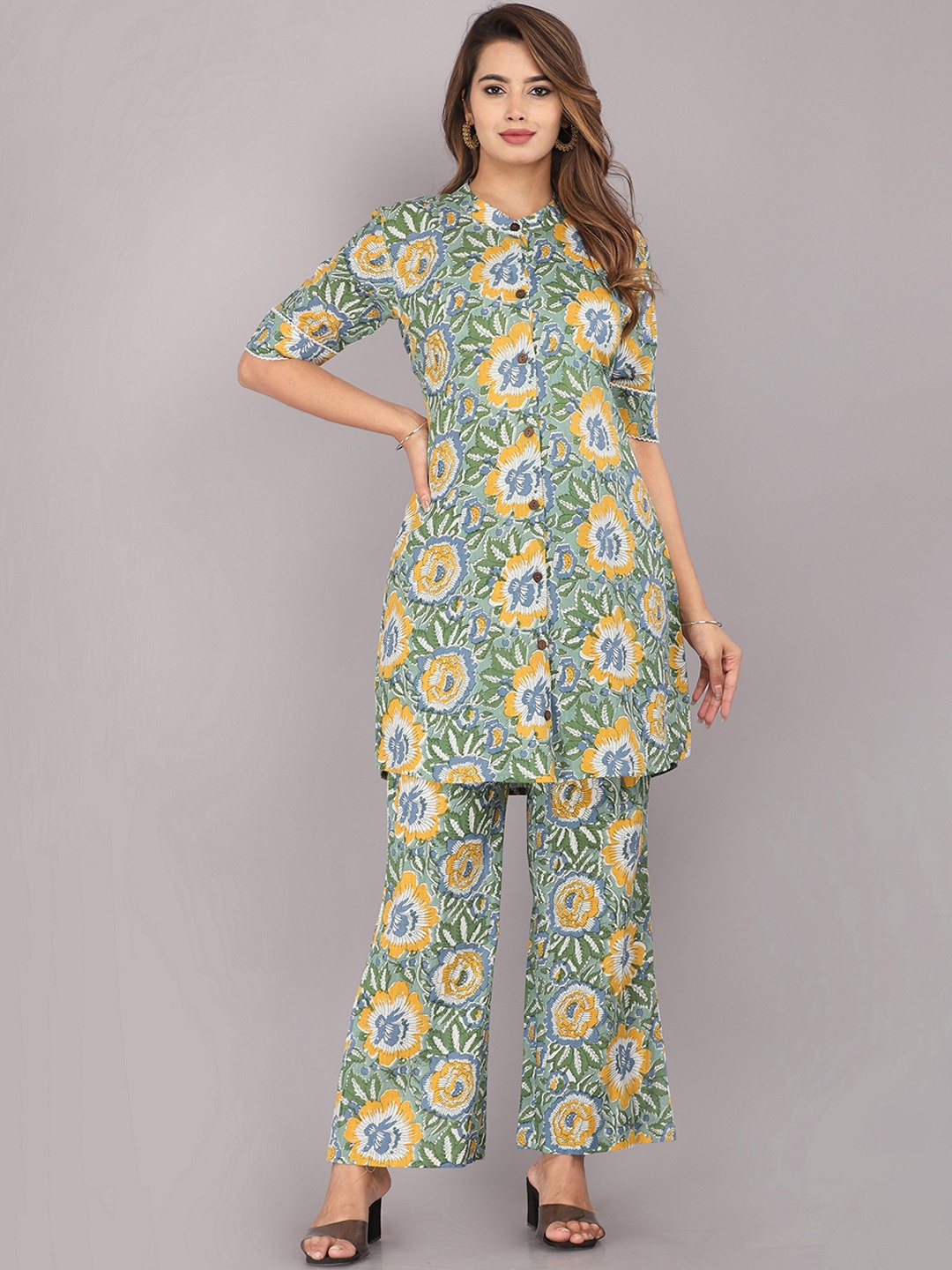 

KANNAHI Floral Printed Mandarin Collar Pure Cotton Tunic & Trousers, Green