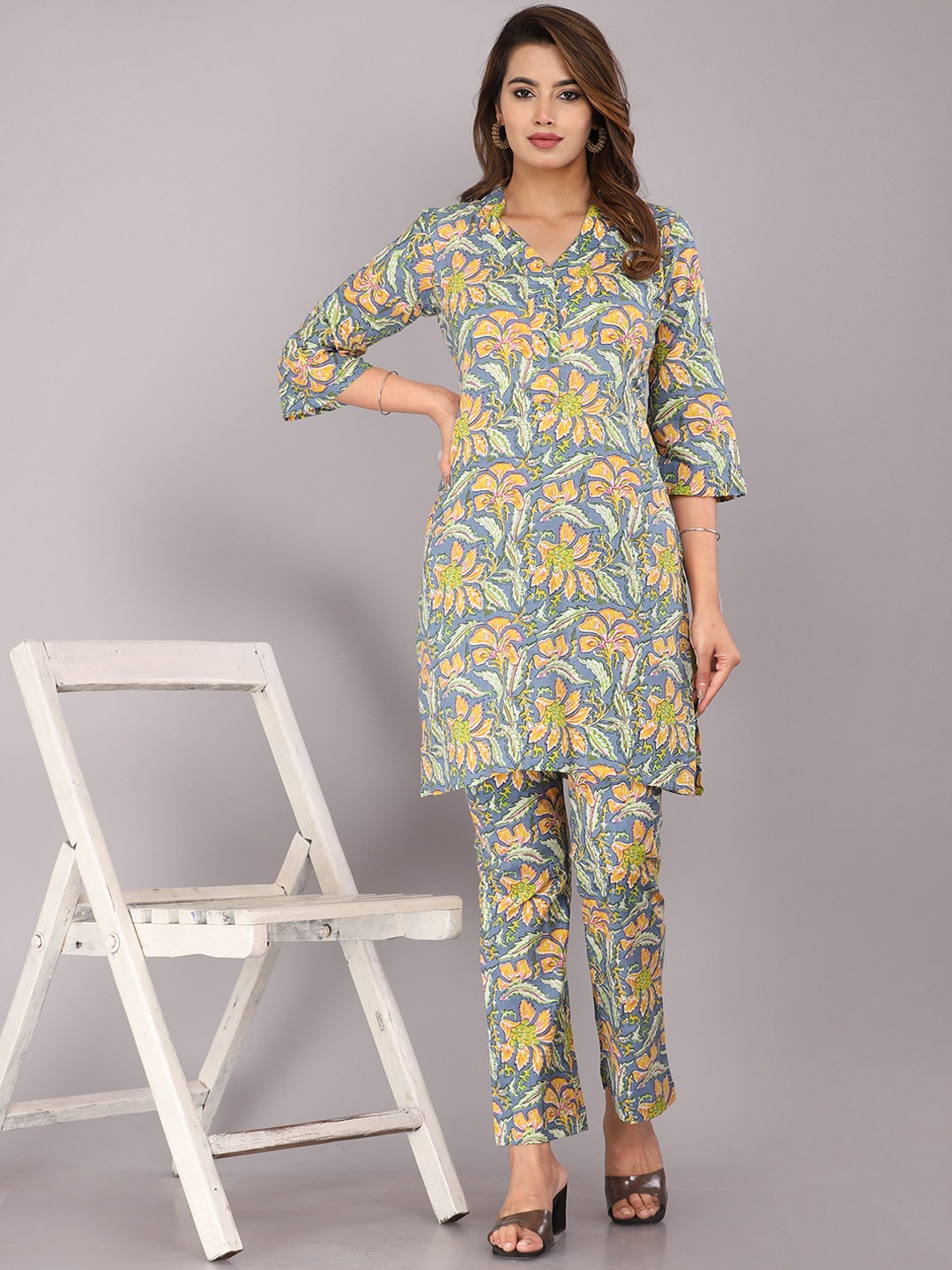 

KANNAHI Floral Printed V-Neck Pure Cotton Tunic & Trousers, Grey