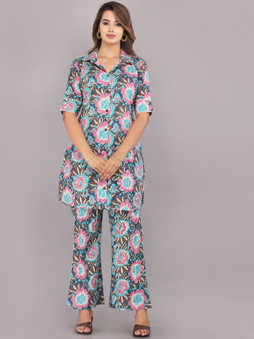 

KANNAHI Floral Printed Shirt Collar Pure Cotton Tunic & Trousers, Turquoise blue