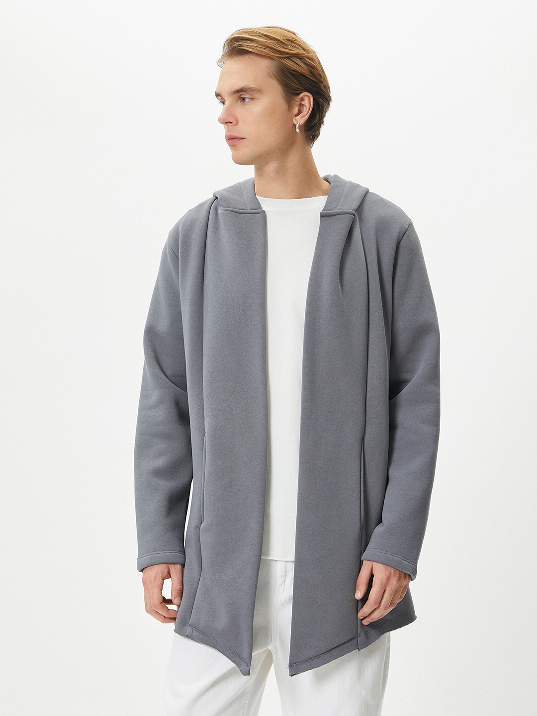 

Koton Front-Open Straight Hood Cotton Longline Sweater, Grey