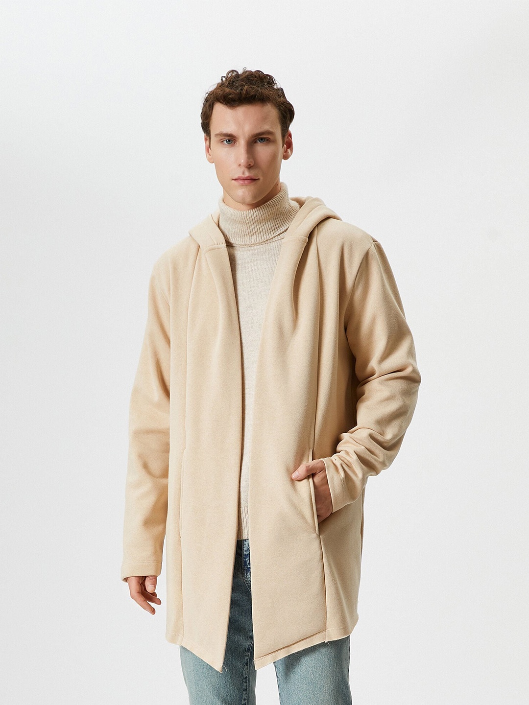 

Koton Hooded Longline Front-Open Sweaters, Beige
