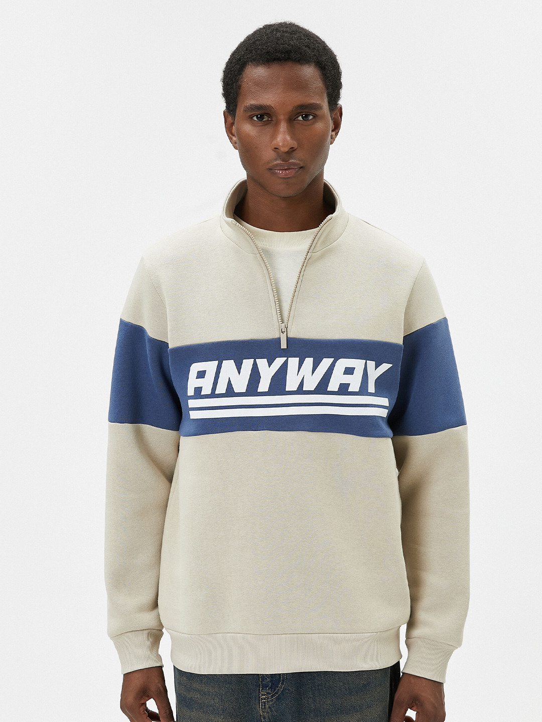 

Koton Typography Printed Mock Collar Half Zipper Pullover Sweatshirt, Grey