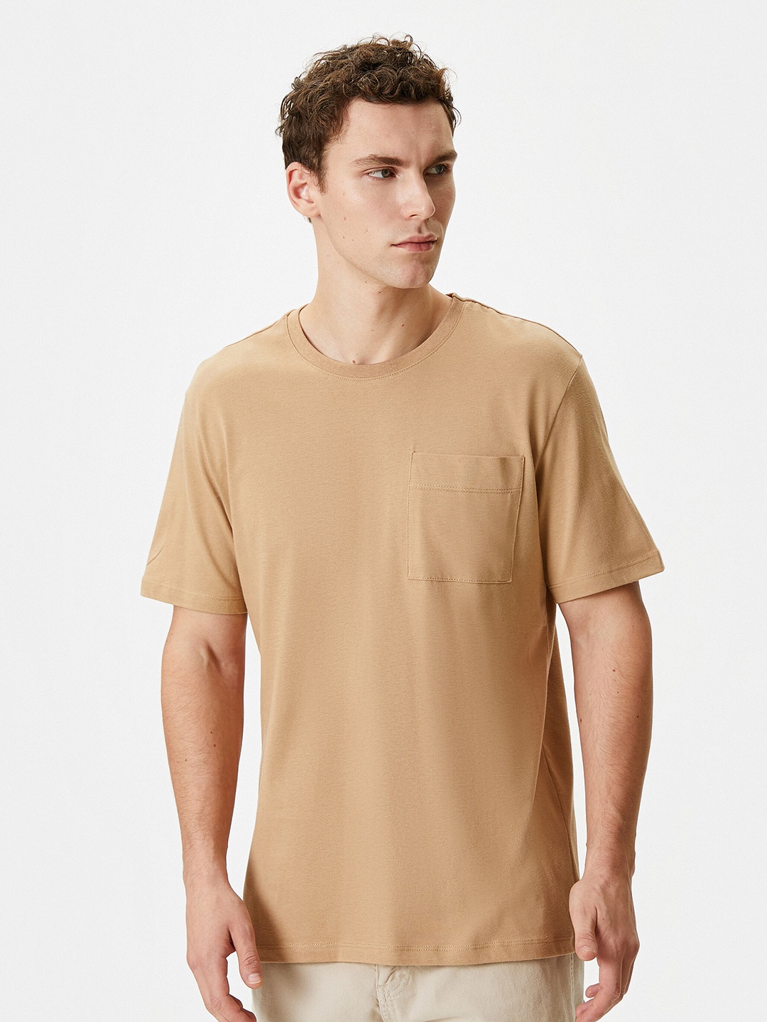 

Koton Drop-Shoulder Sleeves Pure Cotton Casual T-shirt, Camel brown