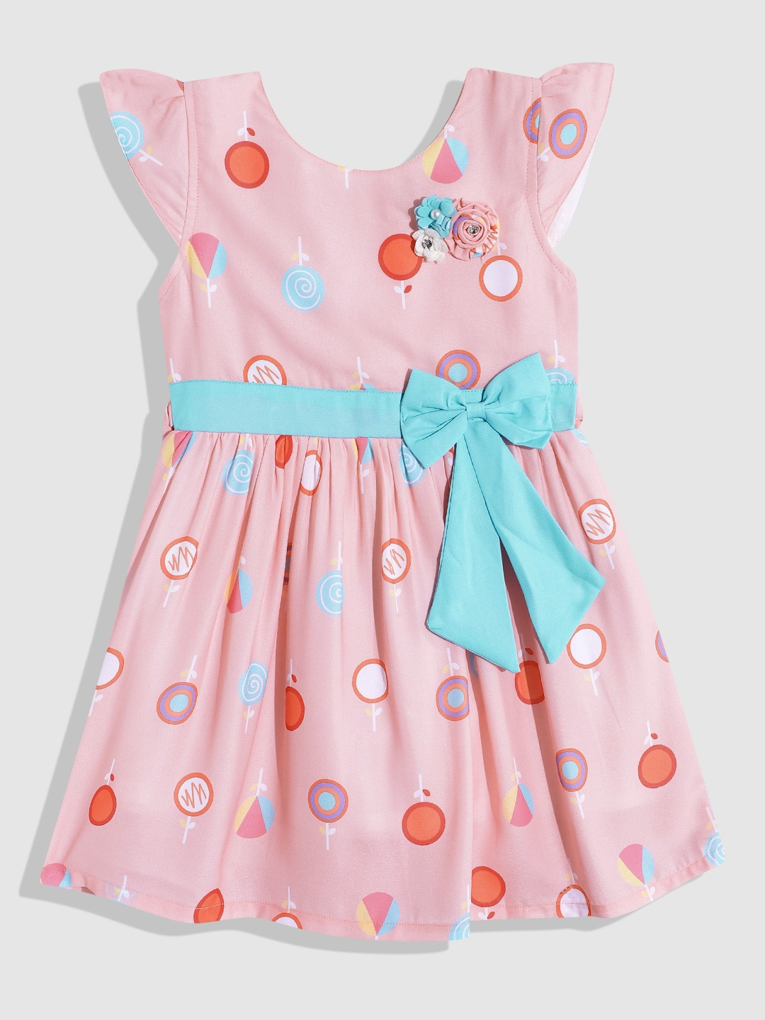 

YK Print A-Line Dress with Bow Detail, Peach