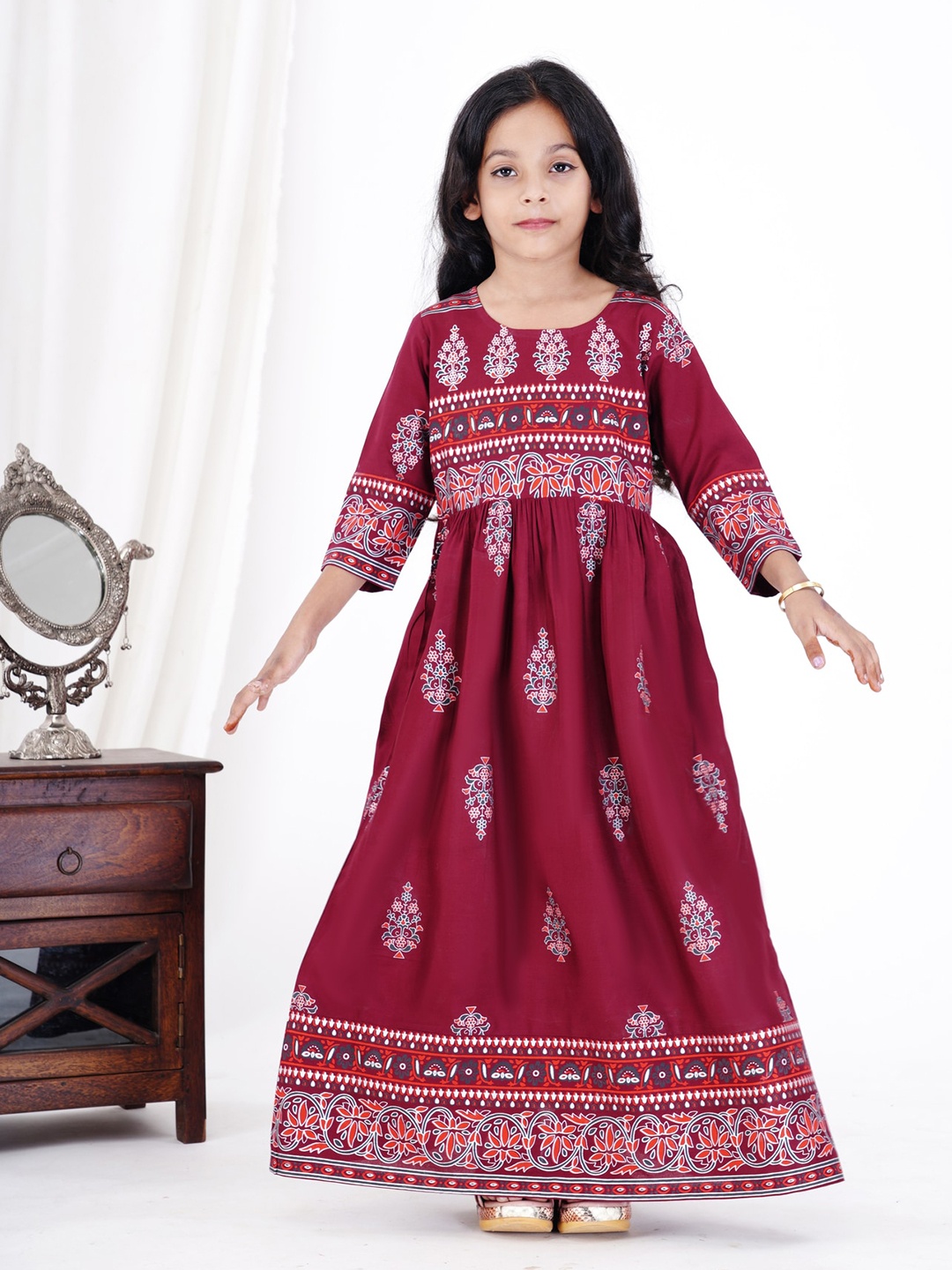 

HEERAJI Round Neck Ethnic Printed Flared Maxi Dress, Maroon