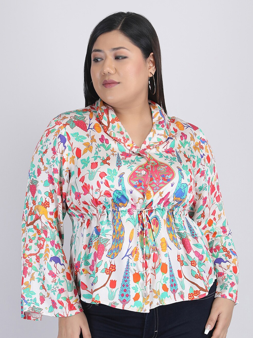 

SHAYE Plus Size Floral Printed Tie-Up Neck Flared Sleeves Satin Shirt Style Top, Cream