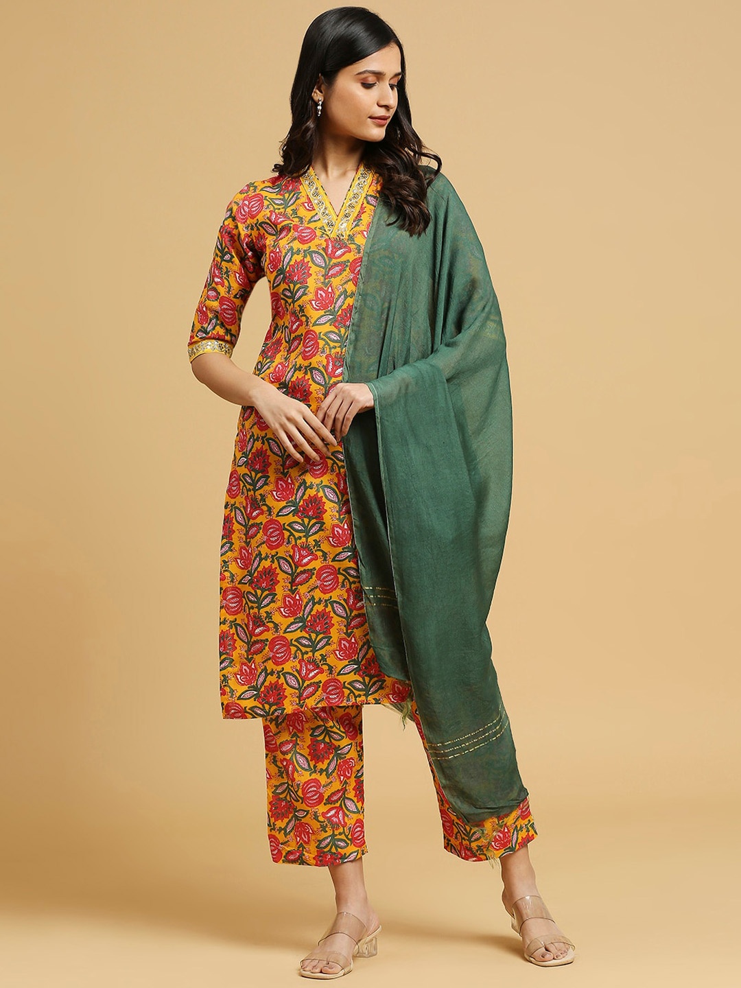 

GUFRINA Floral Printed Sequinned Kurta & Trousers With Dupatta, Yellow