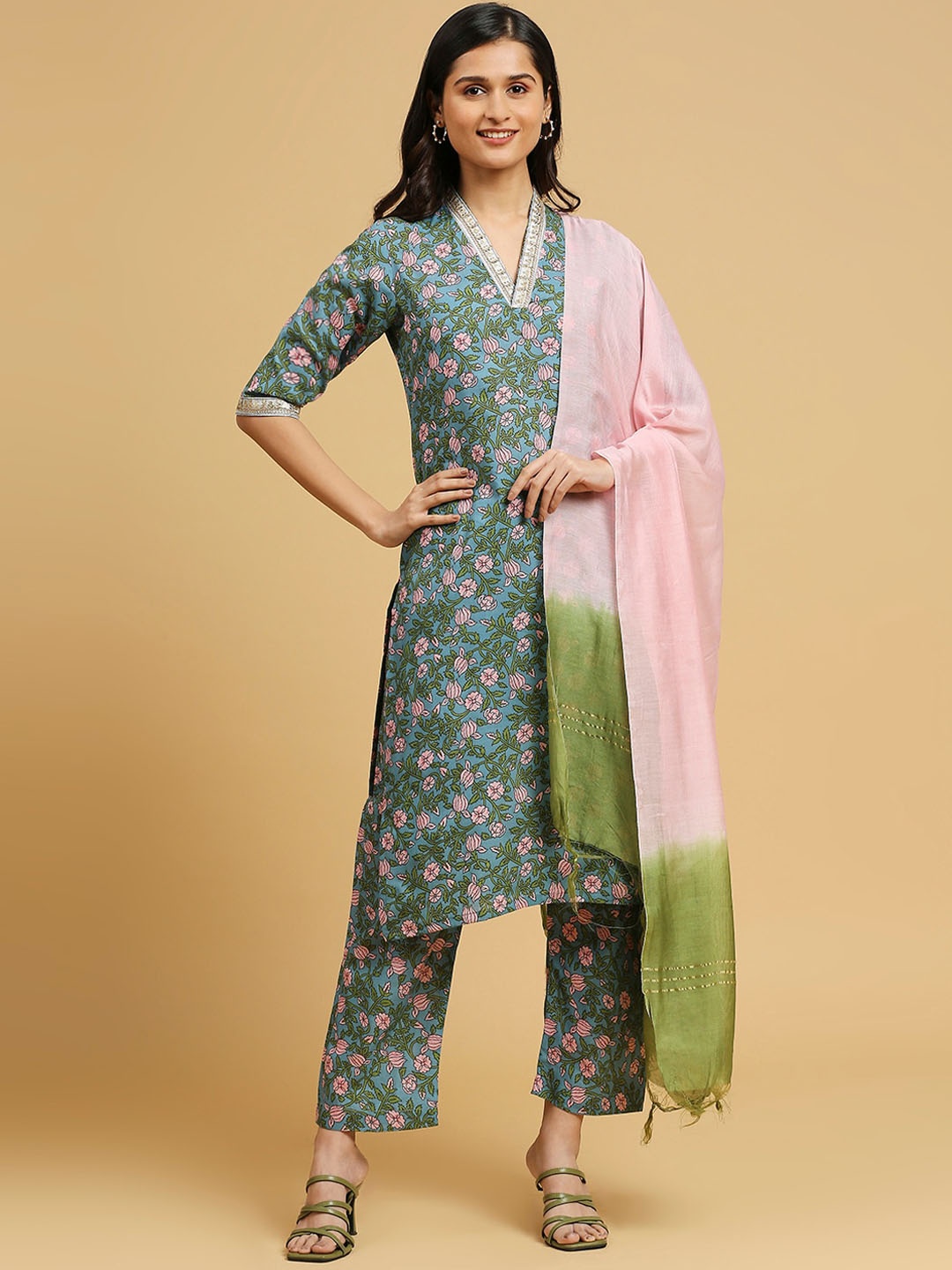 

GUFRINA Floral Printed Sequinned Kurta & Trousers With Dupatta, Teal