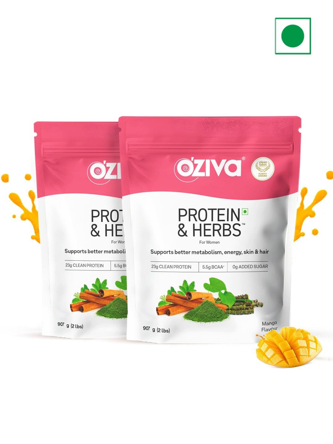 

OZiva Set Of 2 Mango Protein & Herbs for Weight Management, Green