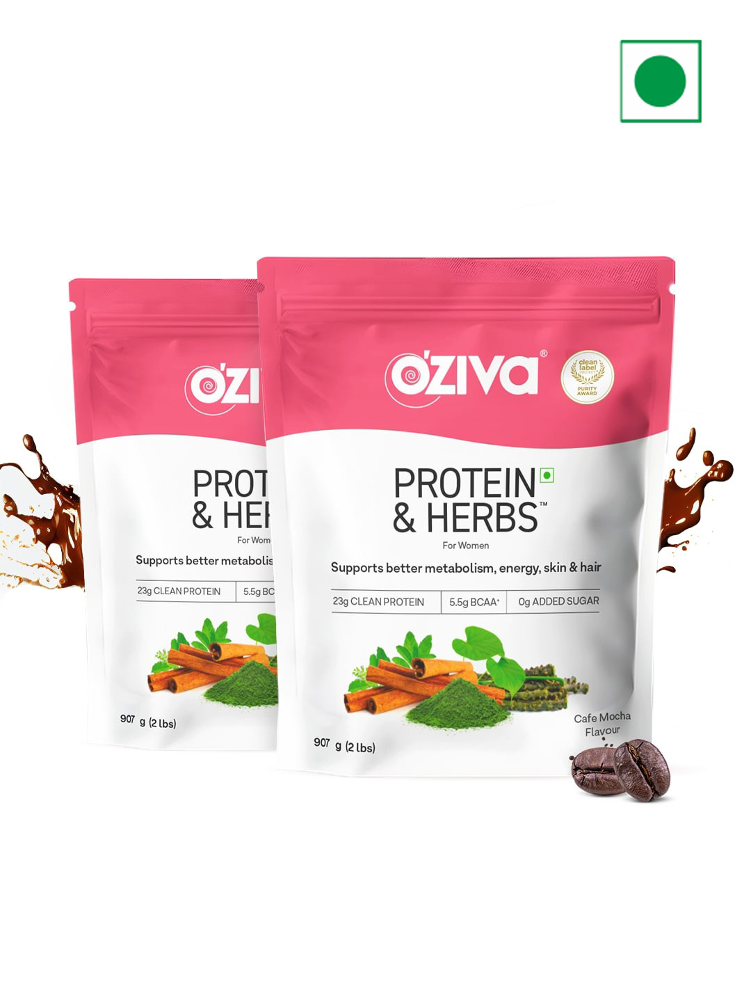

OZiva Pack of 2 Protein & Herbs for Weight Management, Women - Cafe Mocha, (907 g Each), Green