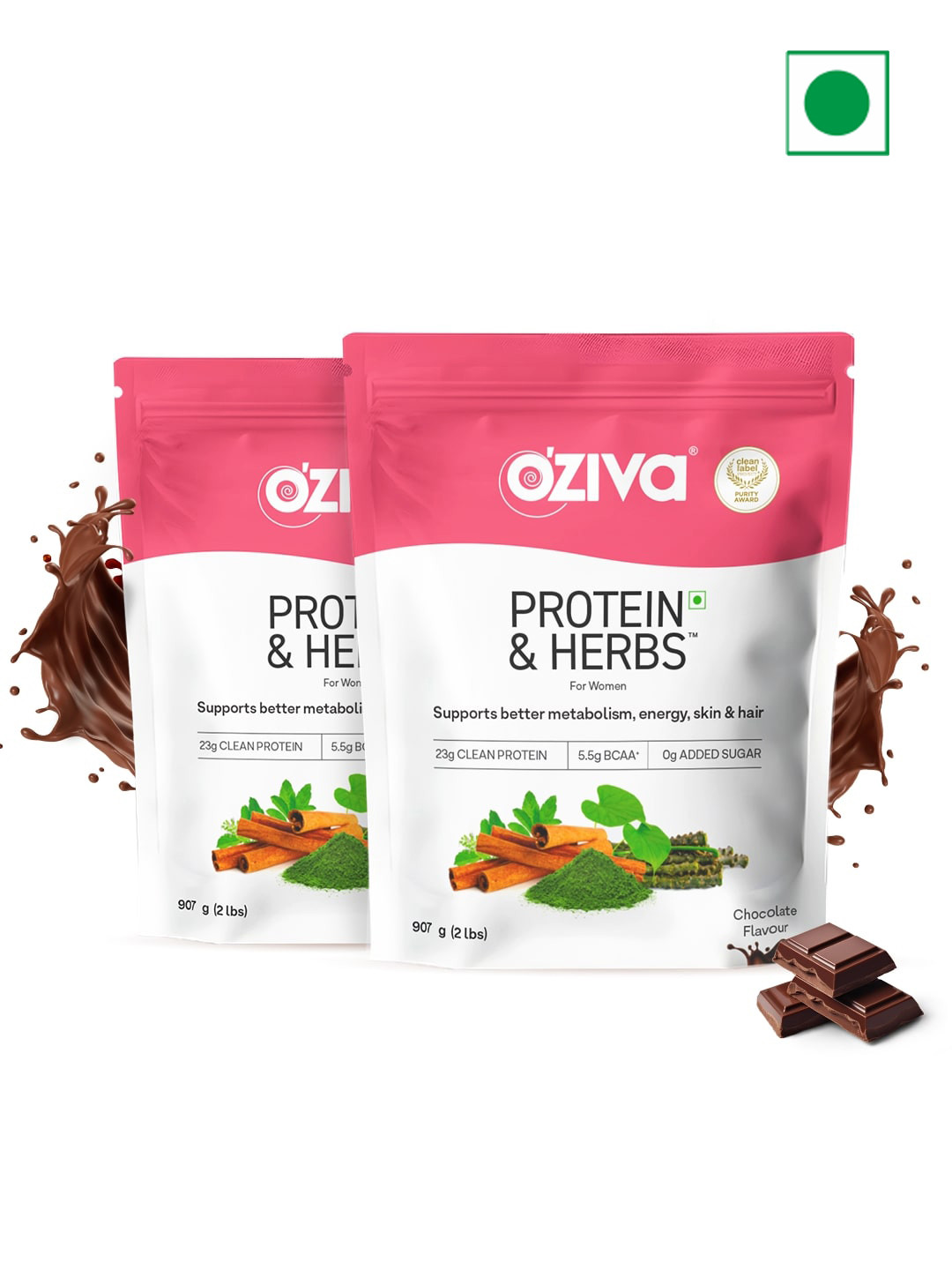 

OZiva Pack of 2 Protein & Herbs for Weight Management - Chocolate (907 g Each), Green