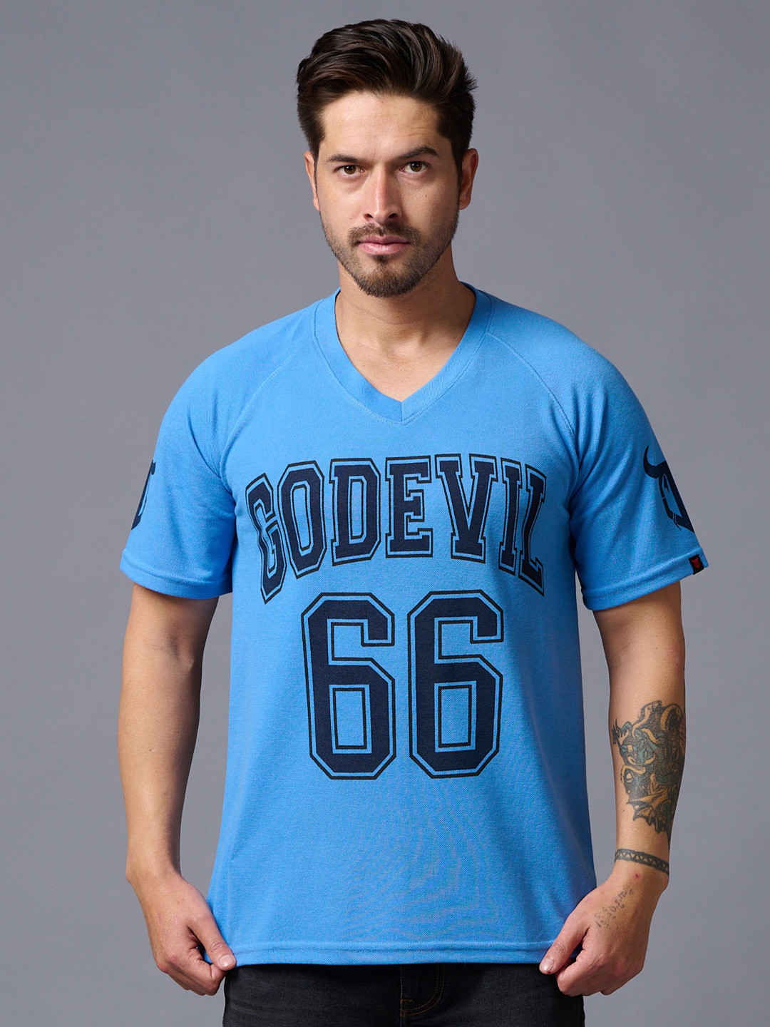 

GO DEVIL Varsity Printed Raglan Sleeve V-Neck Cotton T-shirt, Blue