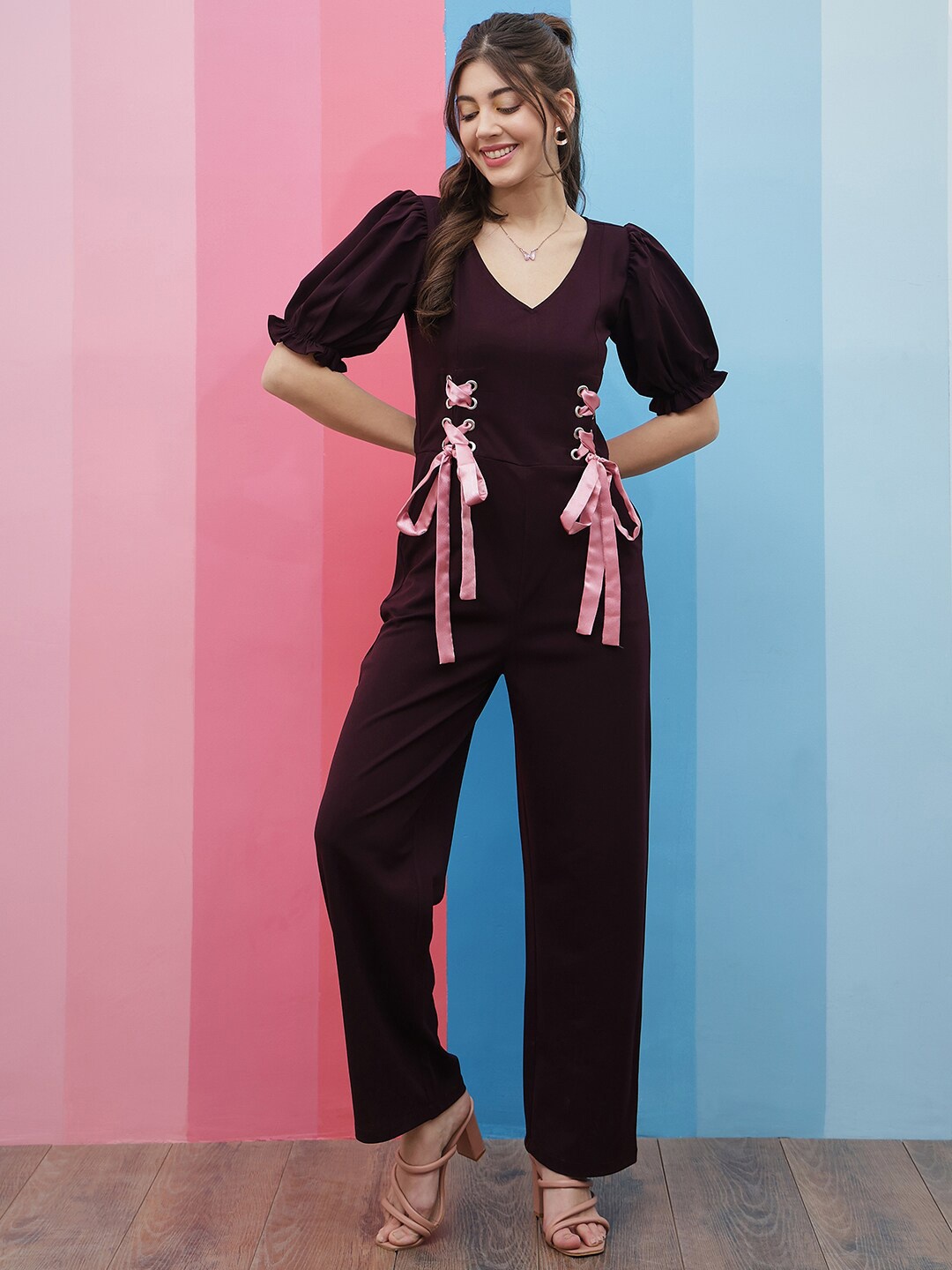 

Athena Burgundy V-Neck Waist Tie-Ups Basic Jumpsuit