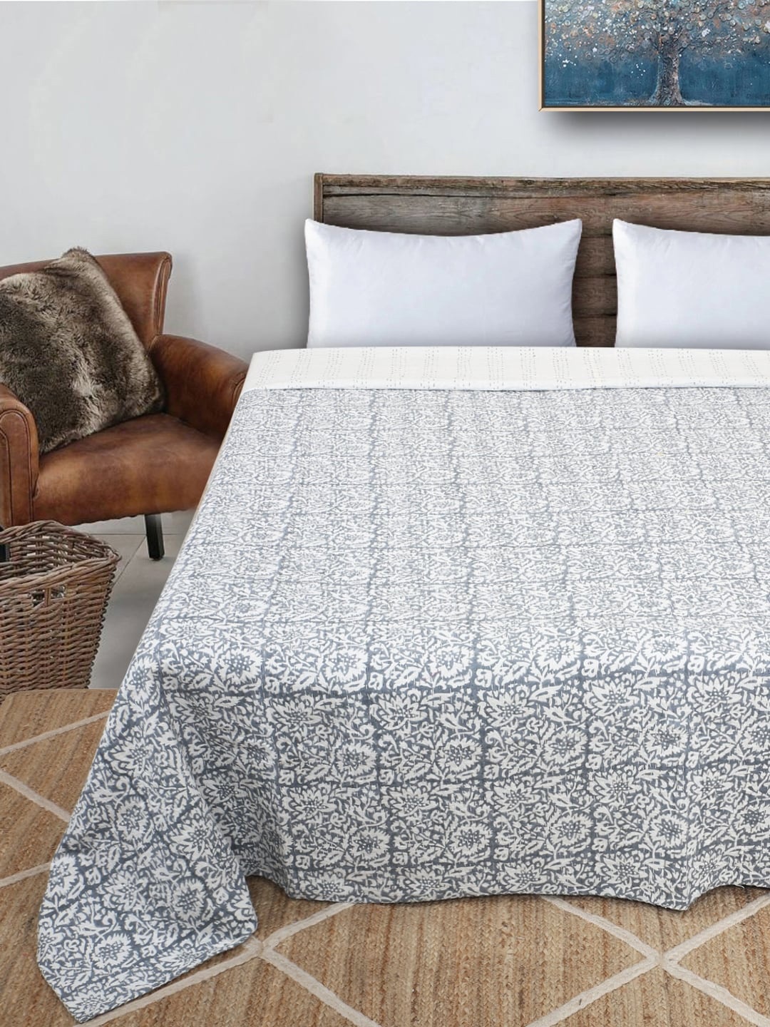 

Bohekant Grey & White Embroidered Pure Cotton Double Bed Queen Cover