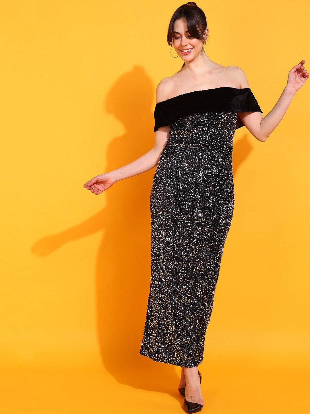 

DODO & MOA Black & Gold Toned Embellished Off-Shoulder Maxi Dress