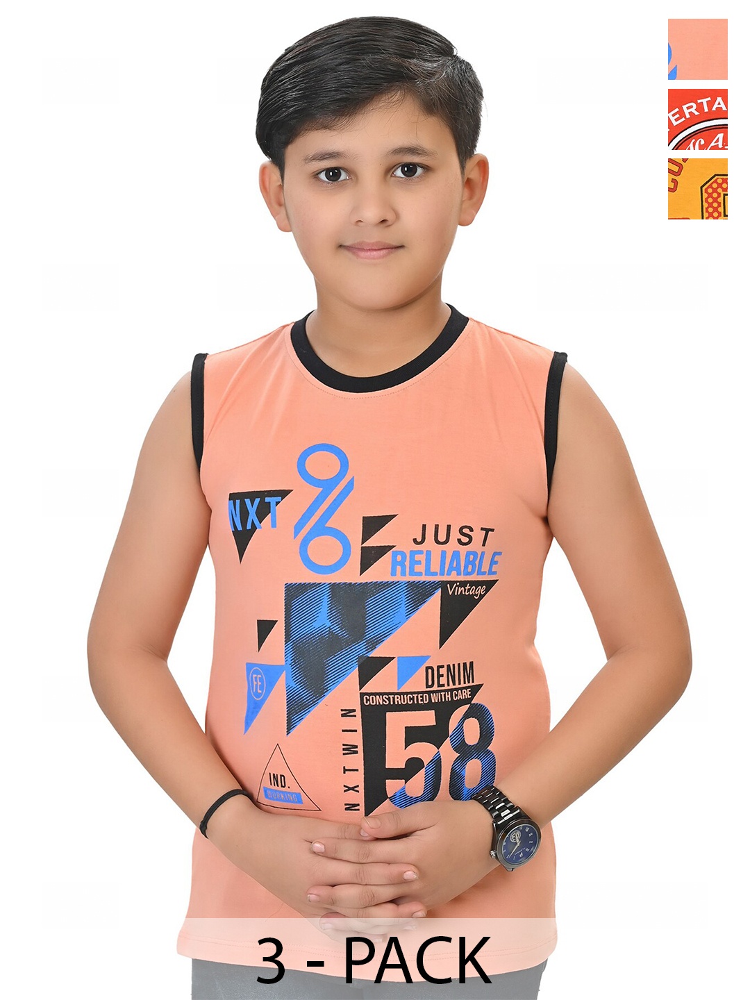 

BAESD Boys Pack Of 3 Typography Printed Cotton T-shirts, Peach