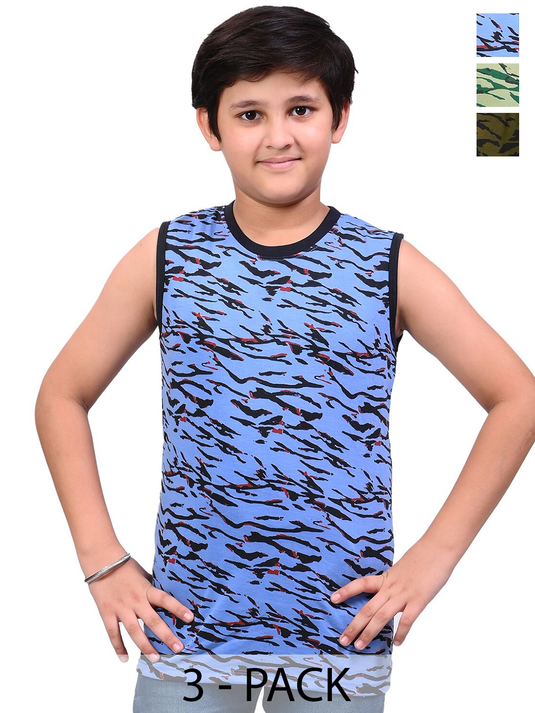 

BAESD Boys Pack Of 3 Camouflage Printed Round Neck Sleeveless Cotton Regular T-shirt, Blue