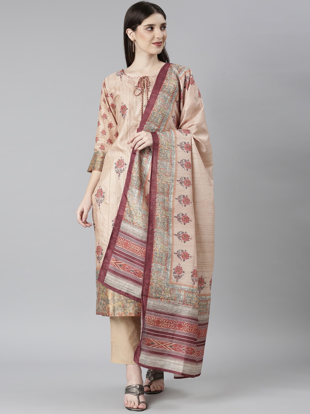 

Neerus Floral Printed Raw Silk Kurta with Trousers & With Dupatta, Beige