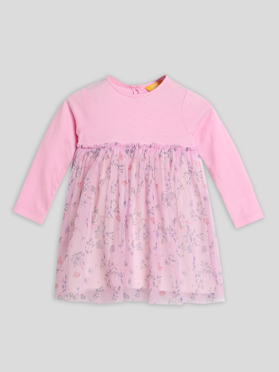 

Somersault Girls Printed Round Neck Cotton Empire Dress, Pink