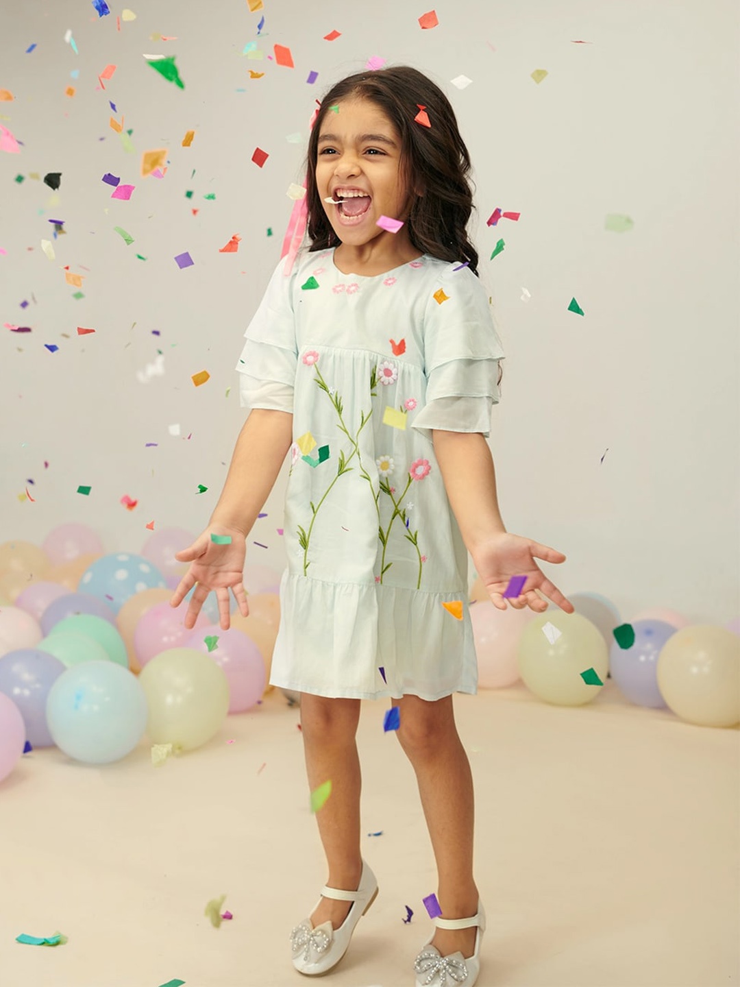 

Somersault Girls Floral Embroidered Gathered Cotton A-Line Dress, Blue