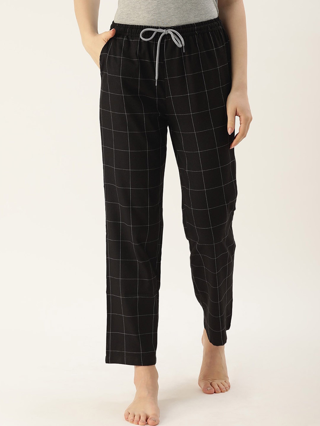 

Kryptic Women Checked Relaxed Fit Pure Cotton Lounge Pants, Black