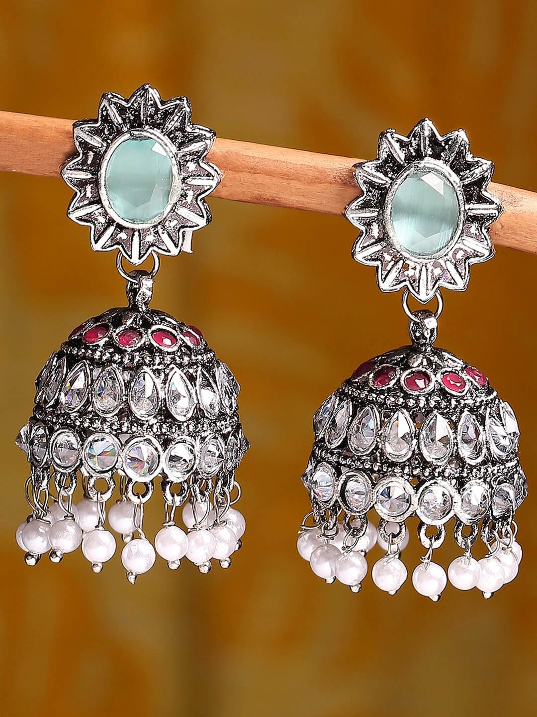 

OOMPH Oxidised Kundan Studded & Beaded Dome Shaped Jhumkas, Silver