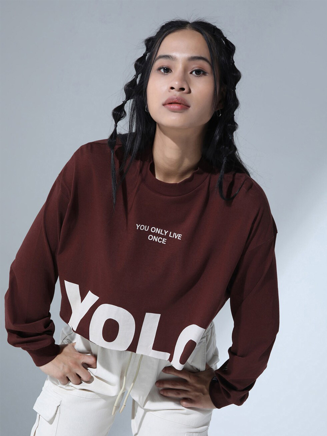 

Hubberholme Typography Printed Relaxed Fit Crop Pure Cotton T-shirt, Brown