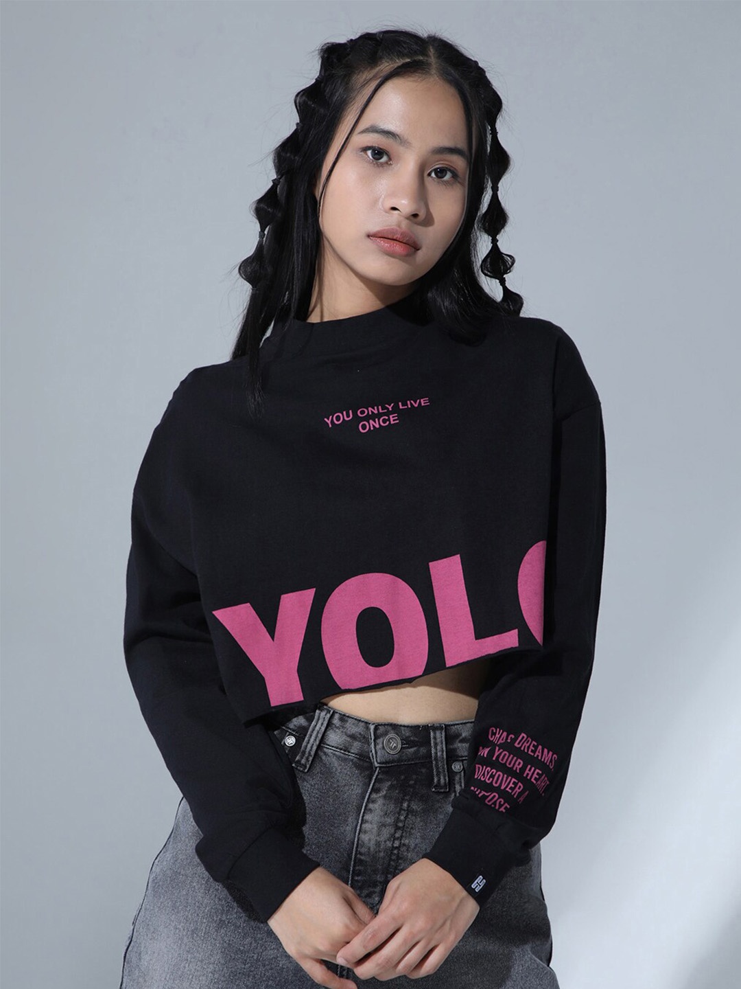 

Hubberholme Typography Printed Relaxed Fit Crop Pure Cotton T-shirt, Black