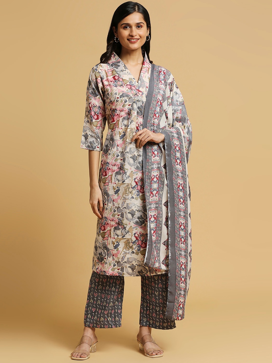 

GUFRINA Abstract Printed Empire Straight Kurta & Palazzos With Dupatta, Off white