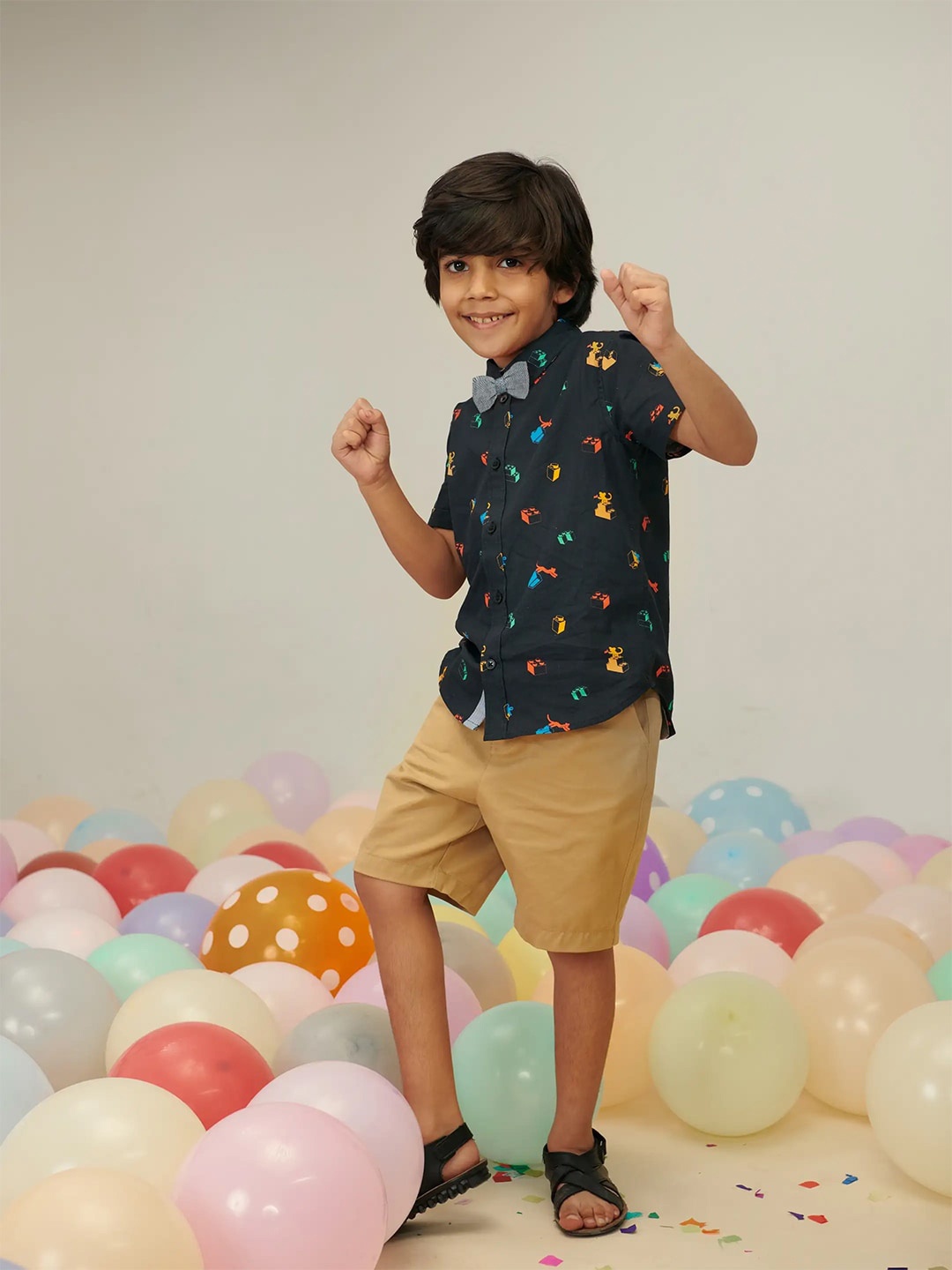 

Somersault Boys Printed Pure Cotton Shirt & Shorts With Bow, Black