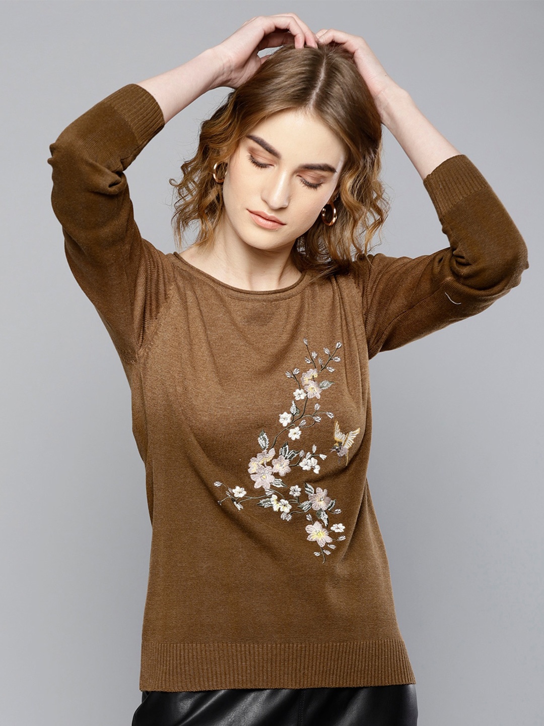 

Marie Claire Floral Embroidered Woollen Pullover, Brown