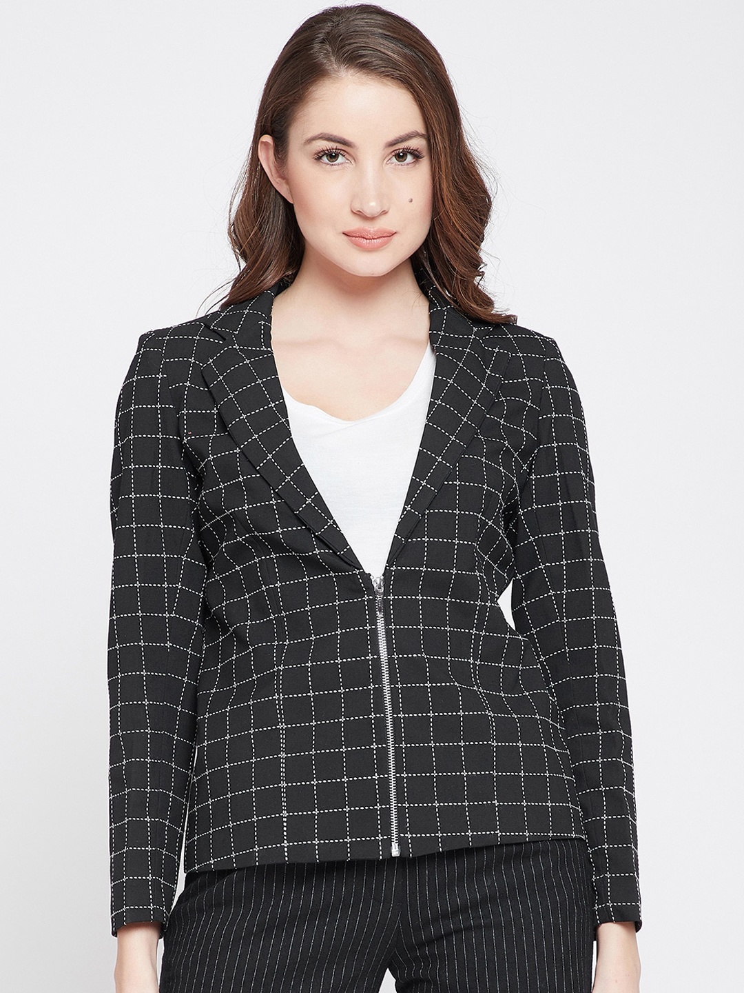 

Marie Claire Checked Notched Lapel Collar Single Breasted Blazer, Black