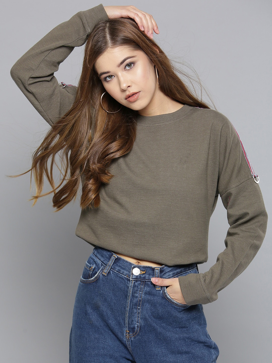 

Marie Claire Drop Shoulder Sleeves Cotton Sweatshirt, Khaki