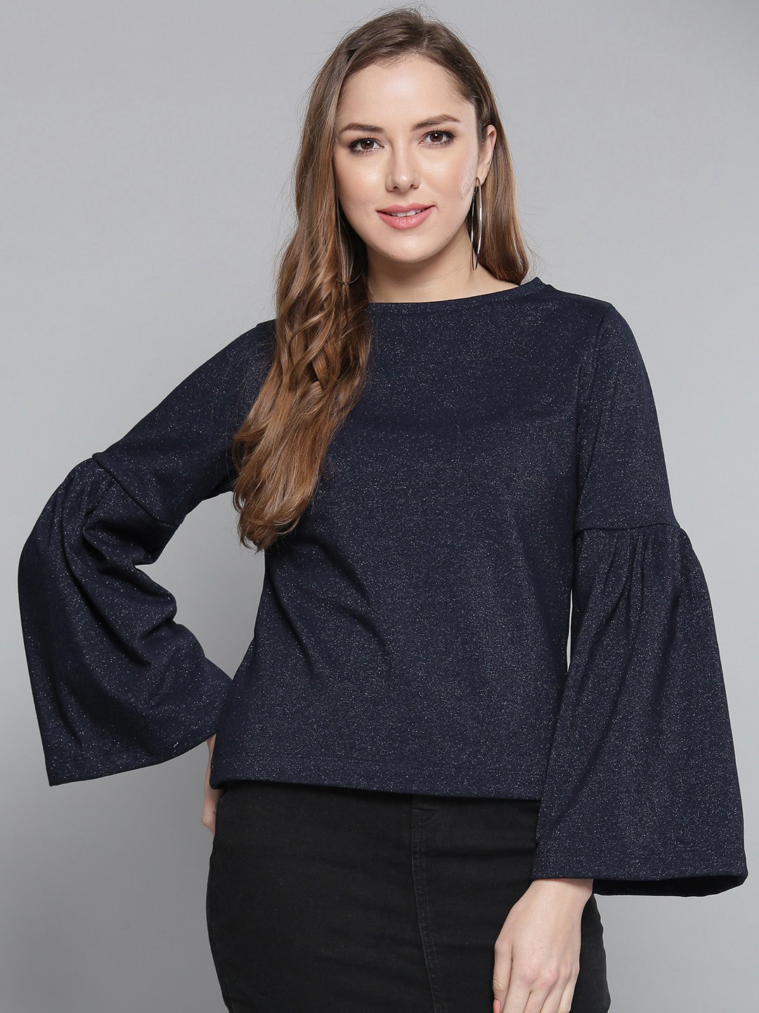 

Marie Claire Self Designed Bell Sleeves Cotton Sweatshirt, Navy blue