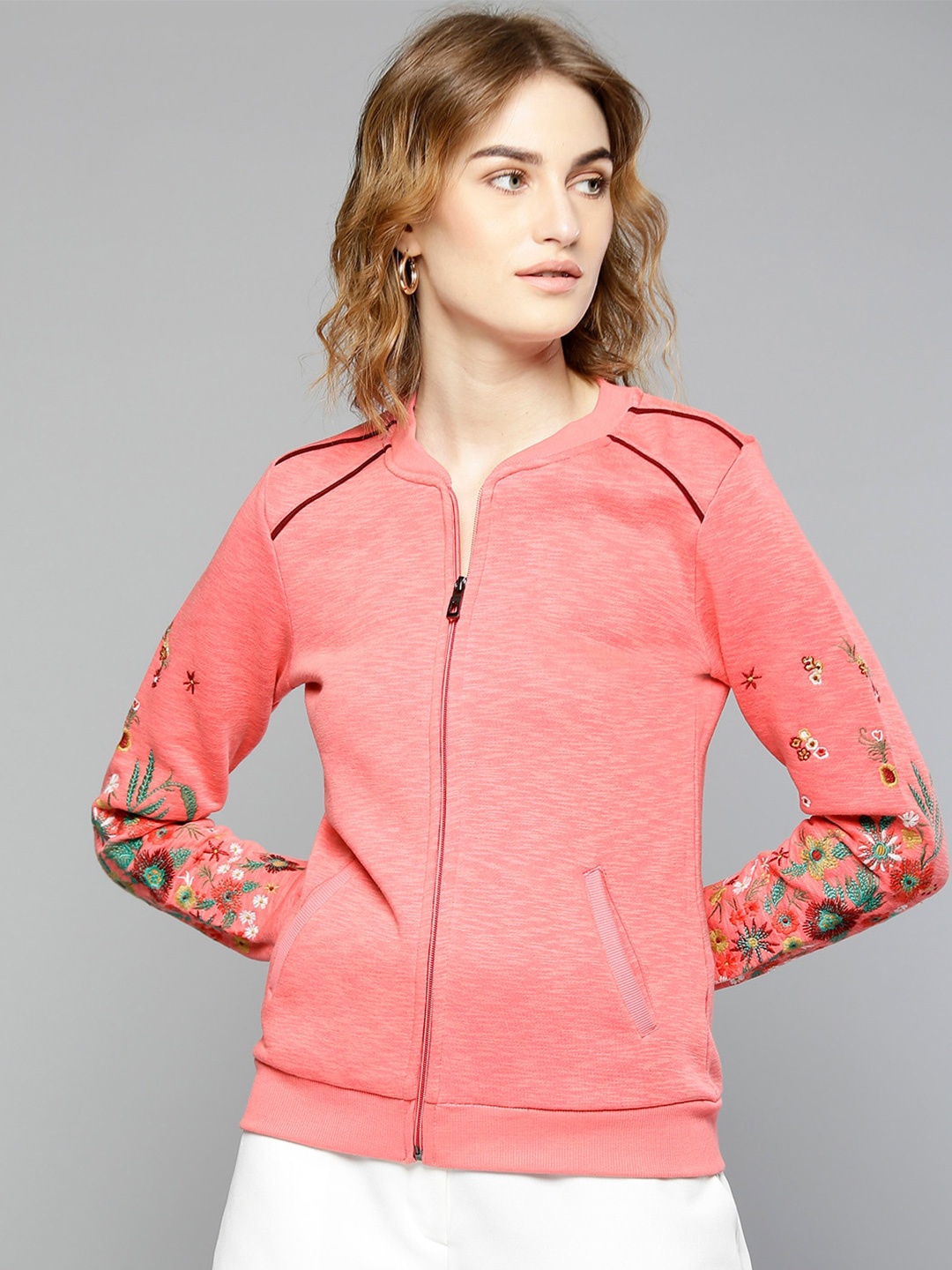 

Marie Claire Pink Floral Embroidered Fleece Front-Open Sweatshirt