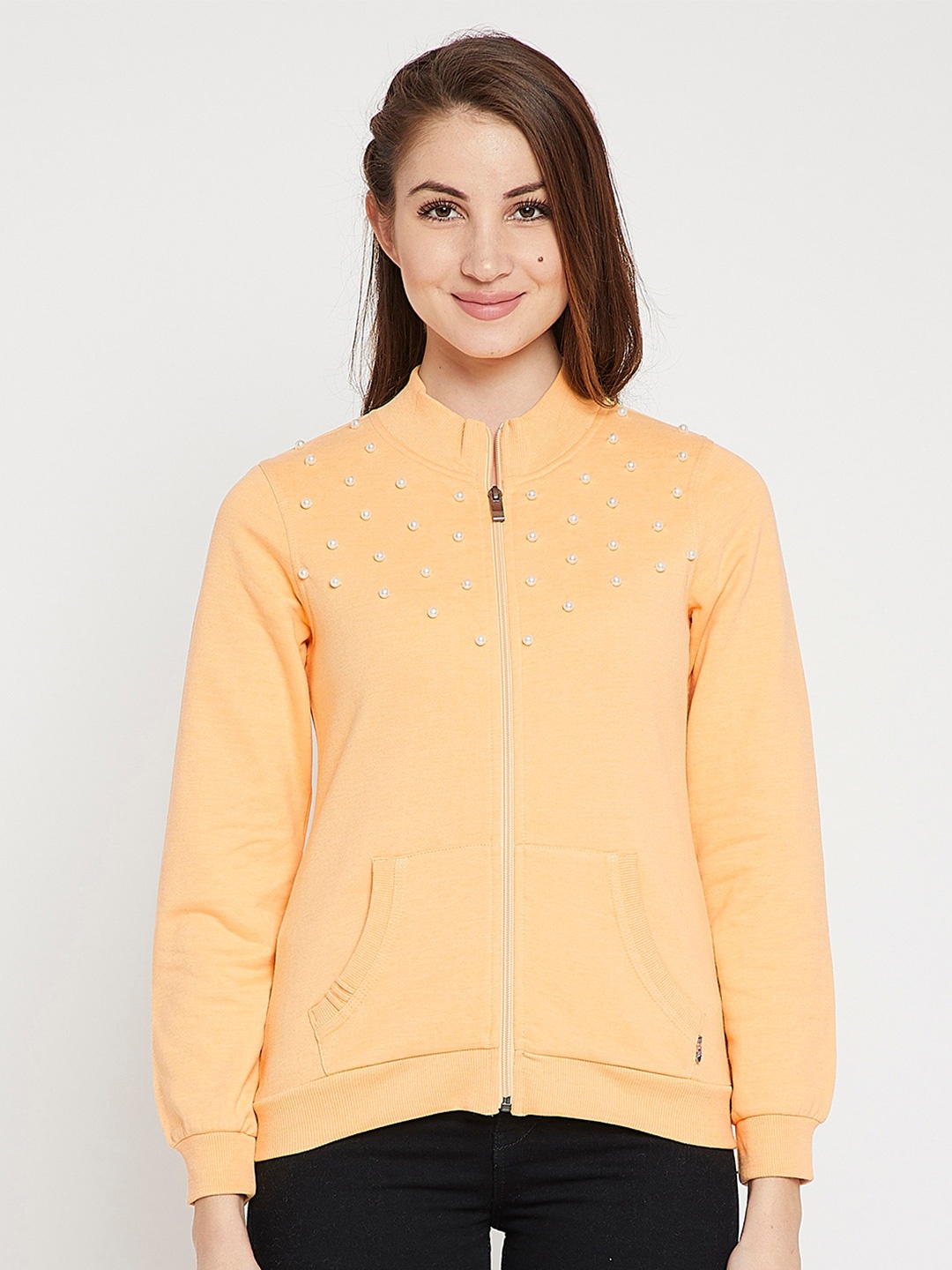 

Marie Claire Yellow Mock Collar Beaded Fleece Front-Open Sweatshirt