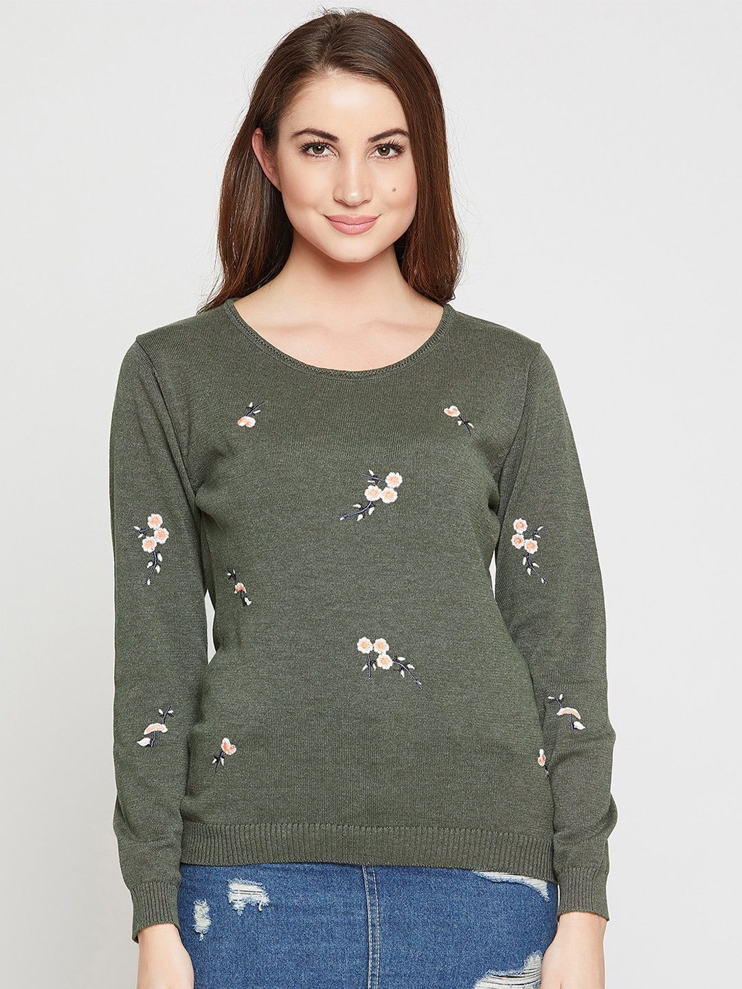 

Marie Claire Floral Embroidered Woollen Pullover, Green