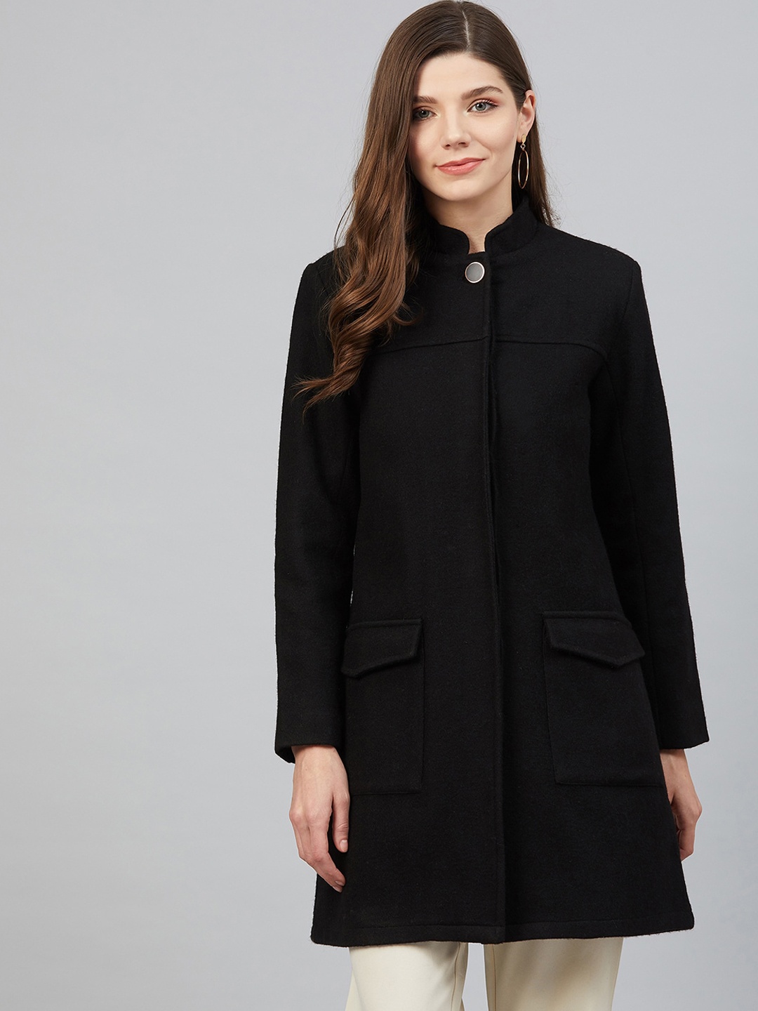

Marie Claire Mandarin Collar Longline Woolen Overcoat, Black