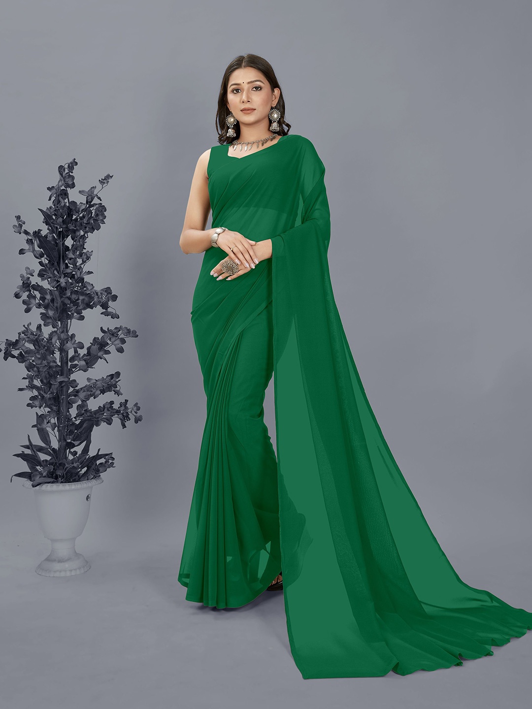 

ANAND SAREES Georgette Saree With Unstitched Blouse Piece, Green
