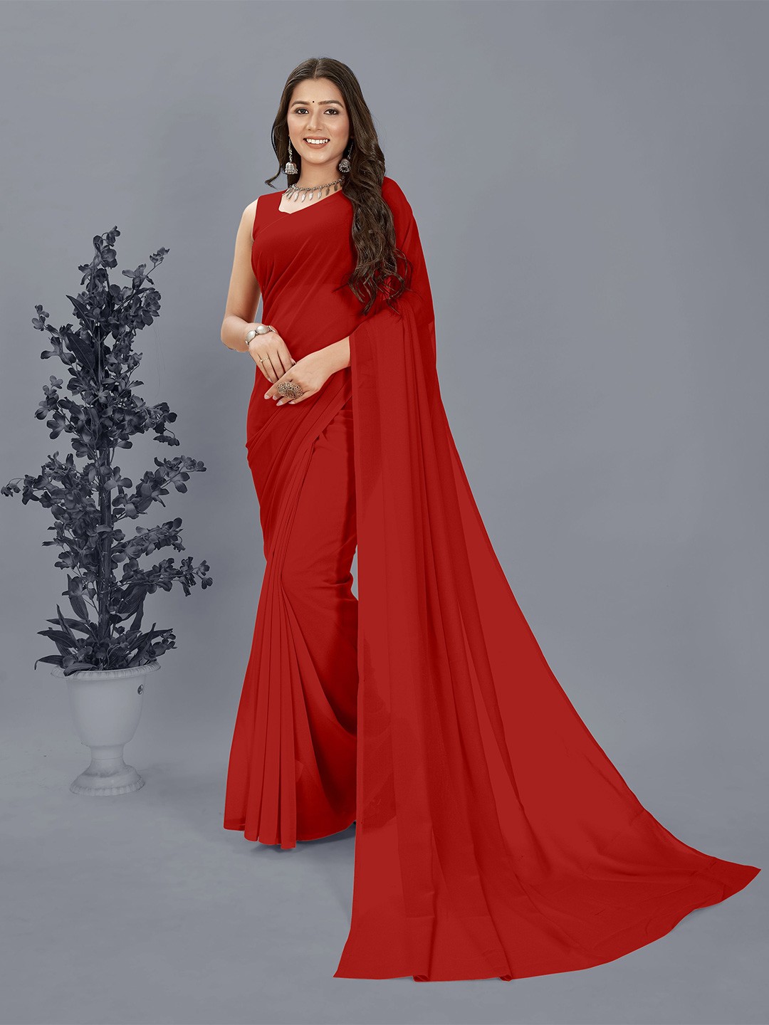 

Moda Rapido Georgette Saree With Unstitched Blouse Piece, Red
