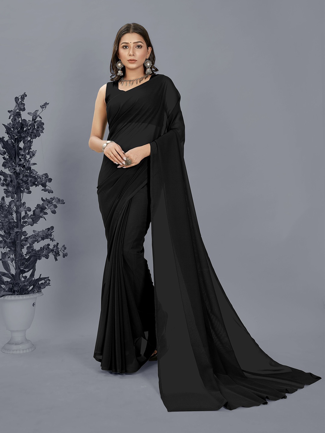 

Moda Rapido Georgette Saree With Unstitched Blouse Piece, Black