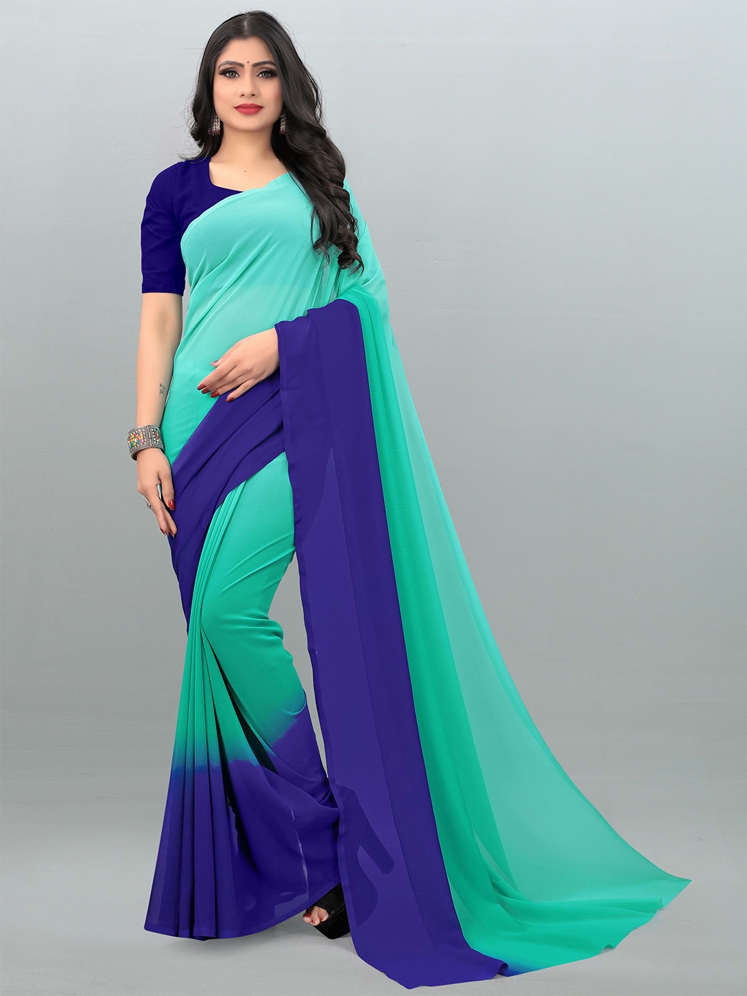 

Moda Rapido Ombre Poly Georgette Saree, Blue