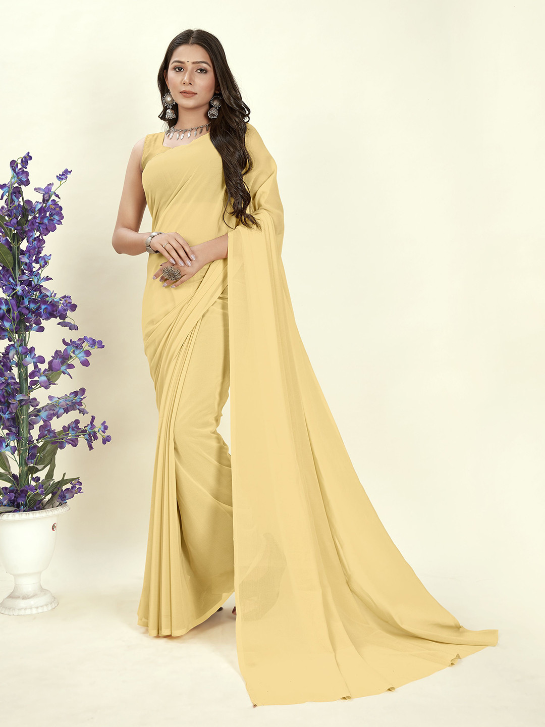 

ANAND SAREES Solid Georgette Saree, Beige