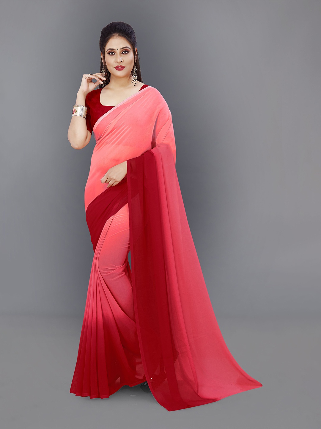 

Moda Rapido Colourblocked Saree With Unstitched Blouse Piece, Red
